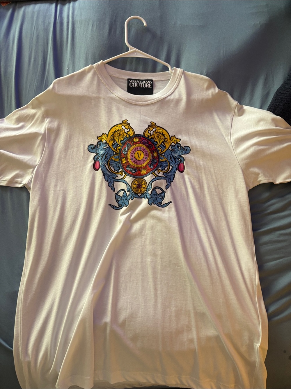 Versace Jeans Collection White Crewneck T-Shirt with Colorful Crest Motif